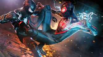 An image from Insomniac's Spider-Man 2, showing two Spider-Men fighting.