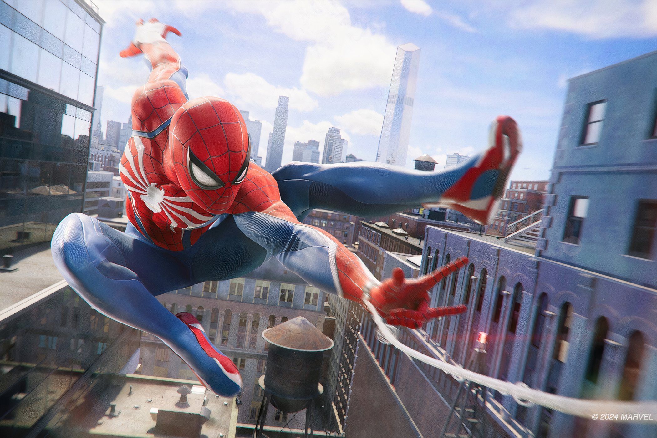 An image from Insomniac's Spider-Man 2, showing Peter Parker as Spider-Man swinging through the city.