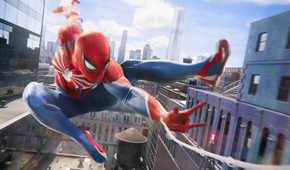 An image from Insomniac's Spider-Man 2, showing Peter Parker as Spider-Man swinging through the city.