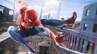 An image from Insomniac's Spider-Man 2, showing Peter Parker as Spider-Man swinging through the city.