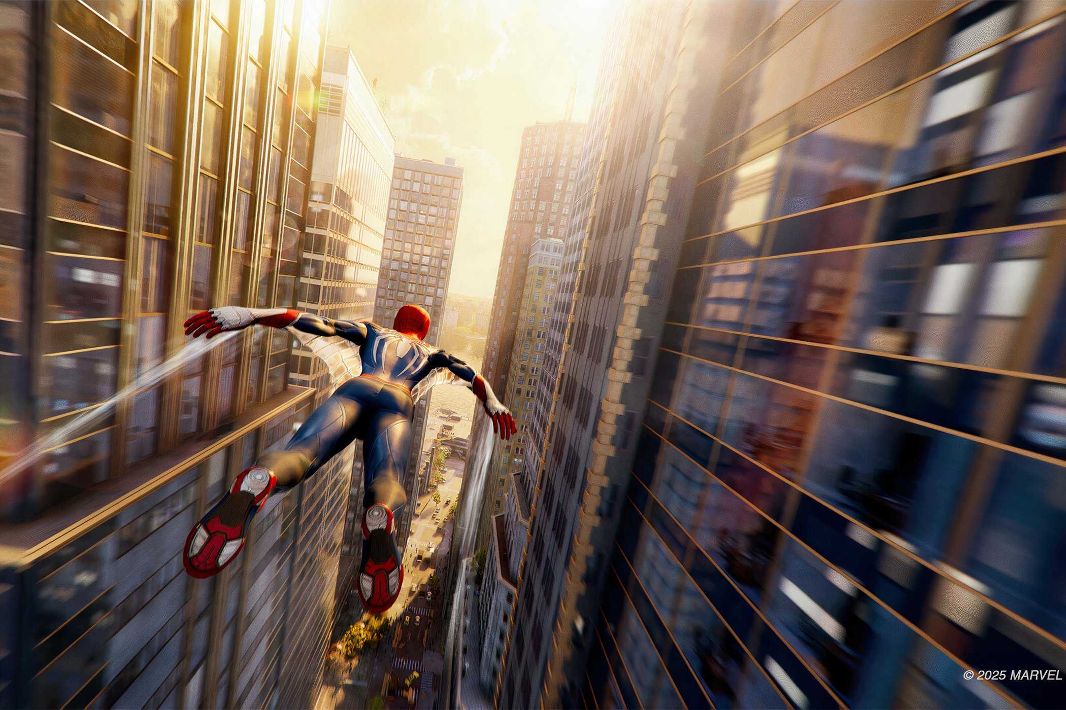 An image from Insomniac's Spider-Man 2, showing Peter Parker as Spider-Man gliding through the city.