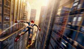 An image from Insomniac's Spider-Man 2, showing Peter Parker as Spider-Man gliding through the city.
