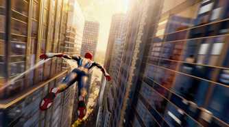 An image from Insomniac's Spider-Man 2, showing Peter Parker as Spider-Man gliding through the city.