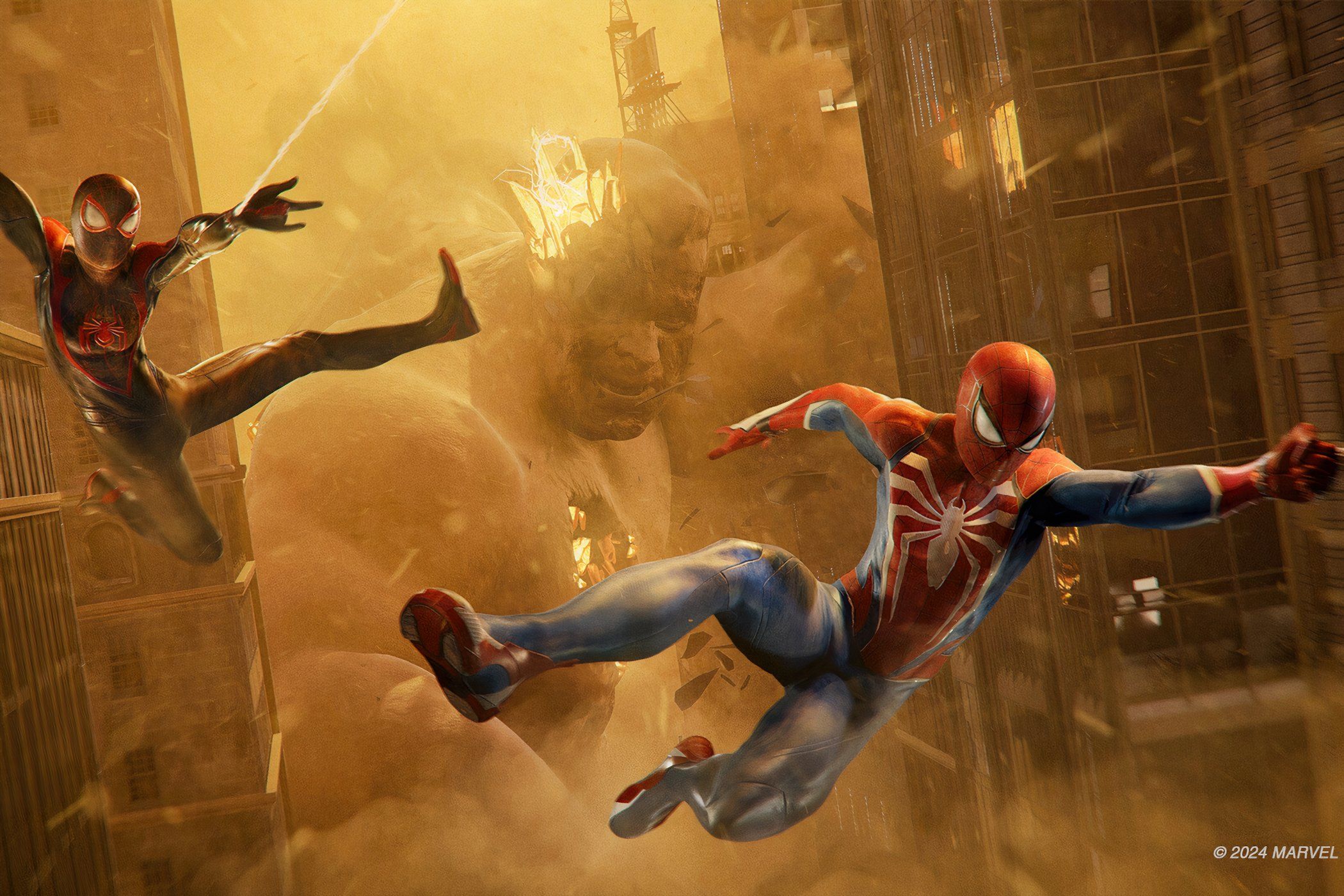 An image from Insomniac's Spider-Man 2, showing Peter Parker and Miles Morales as Spider-Men swinging away from the Sandman.