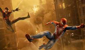 An image from Insomniac's Spider-Man 2, showing Peter Parker and Miles Morales as Spider-Men swinging away from the Sandman.