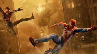 An image from Insomniac's Spider-Man 2, showing Peter Parker and Miles Morales as Spider-Men swinging away from the Sandman.