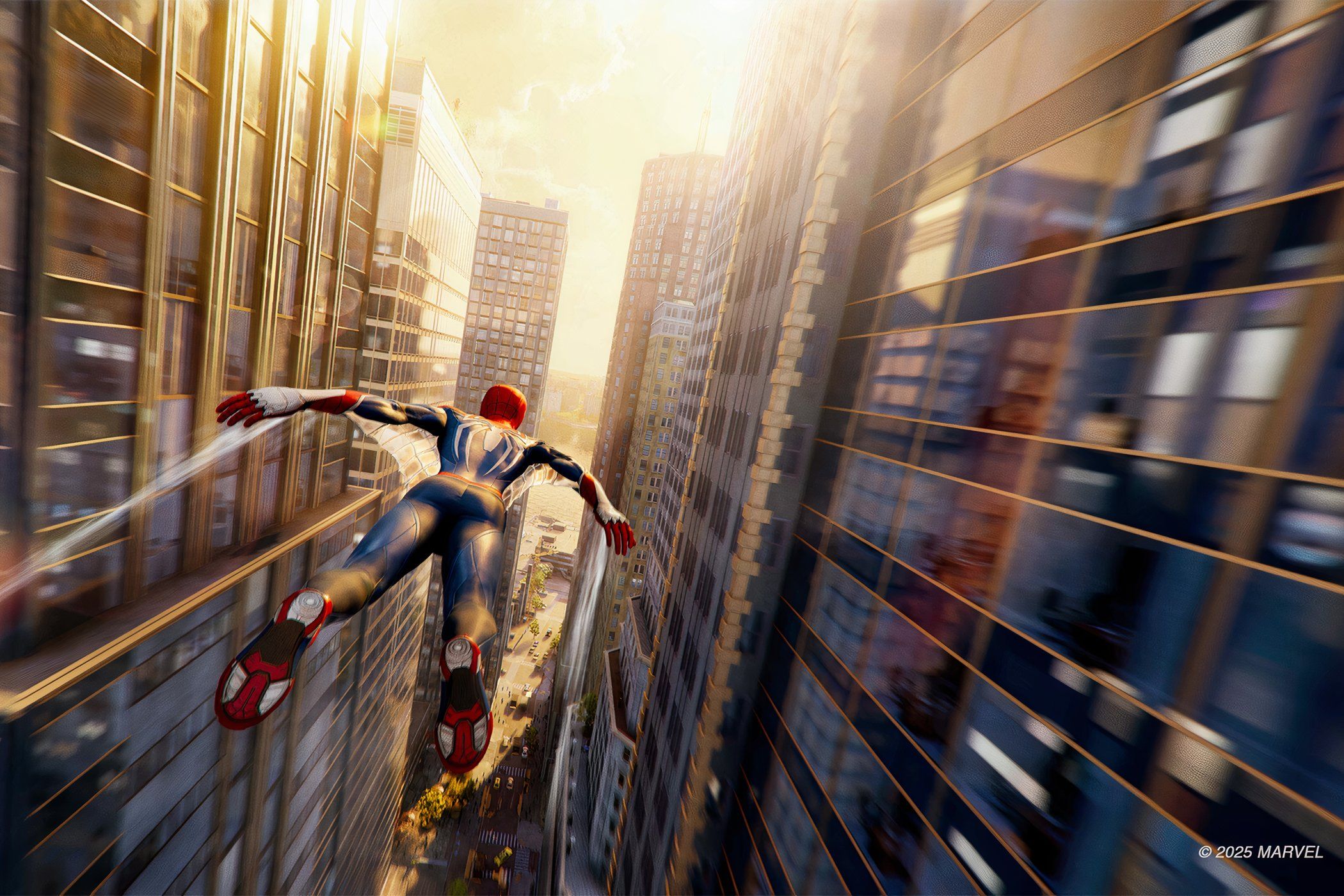 An image of Spider-Man swinging through New York.