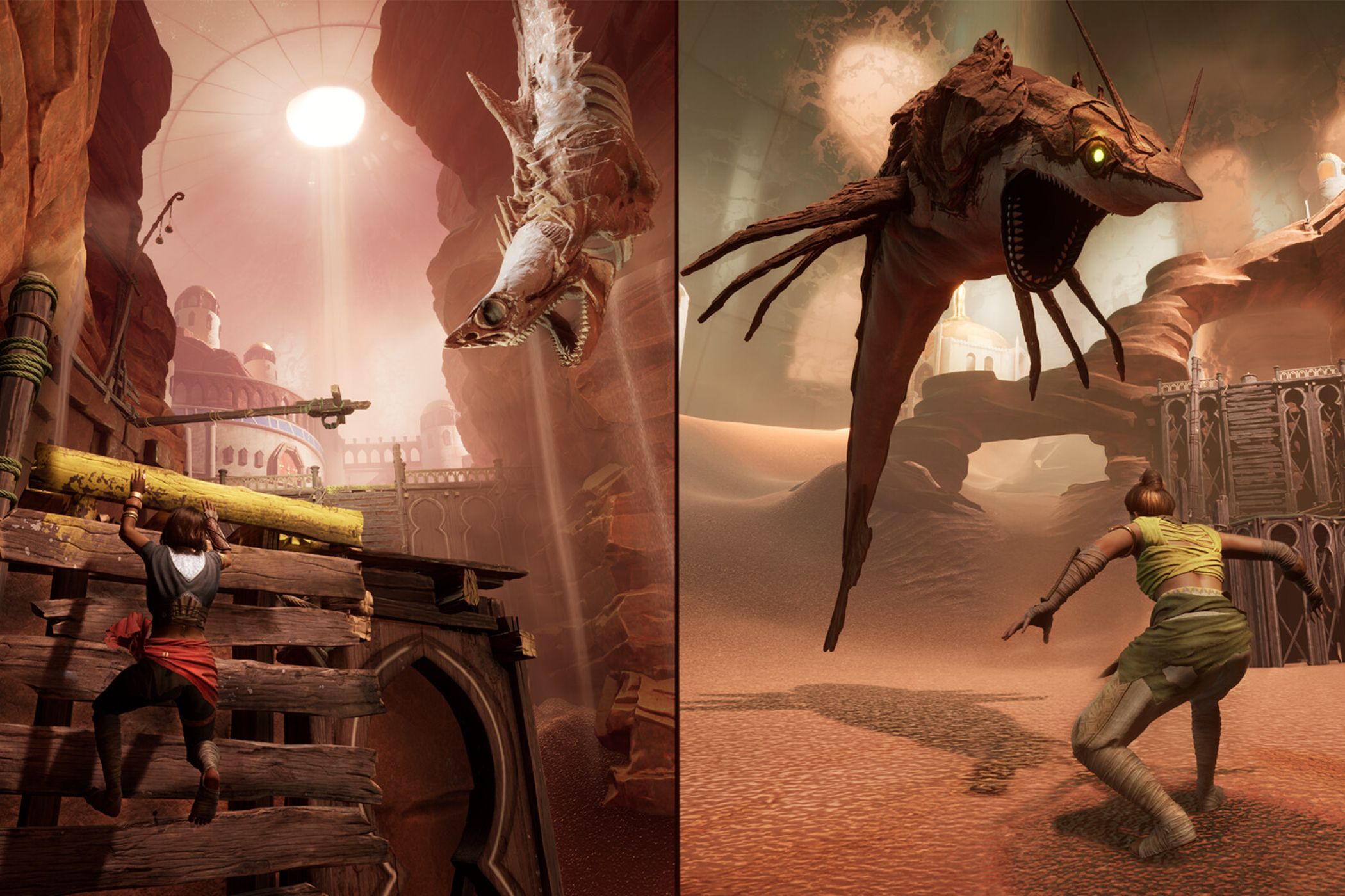 A screenshot from the game Split Fiction, showing a split-screen with two chracters in an arid region.