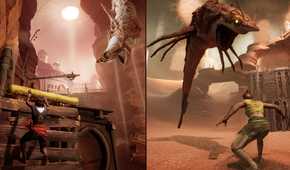 A screenshot from the game Split Fiction, showing a split-screen with two chracters in an arid region.
