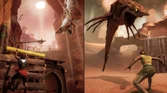 A screenshot from the game Split Fiction, showing a split-screen with two chracters in an arid region.