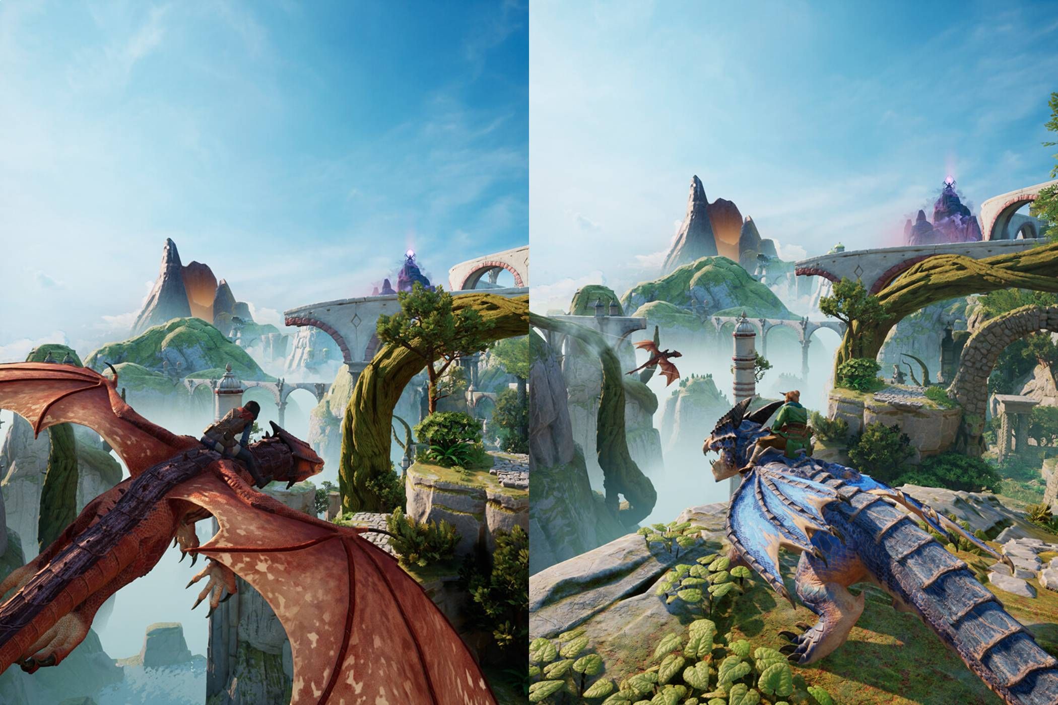 A screenshot from the game Split Fiction, showing two characters on an orange and blue dragon respectively.