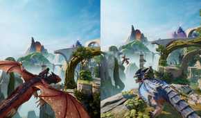 A screenshot from the game Split Fiction, showing two characters on an orange and blue dragon respectively.