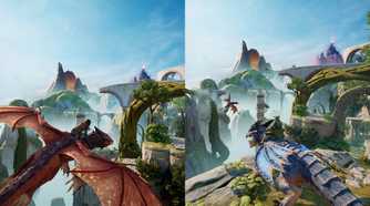 A screenshot from the game Split Fiction, showing two characters on an orange and blue dragon respectively.