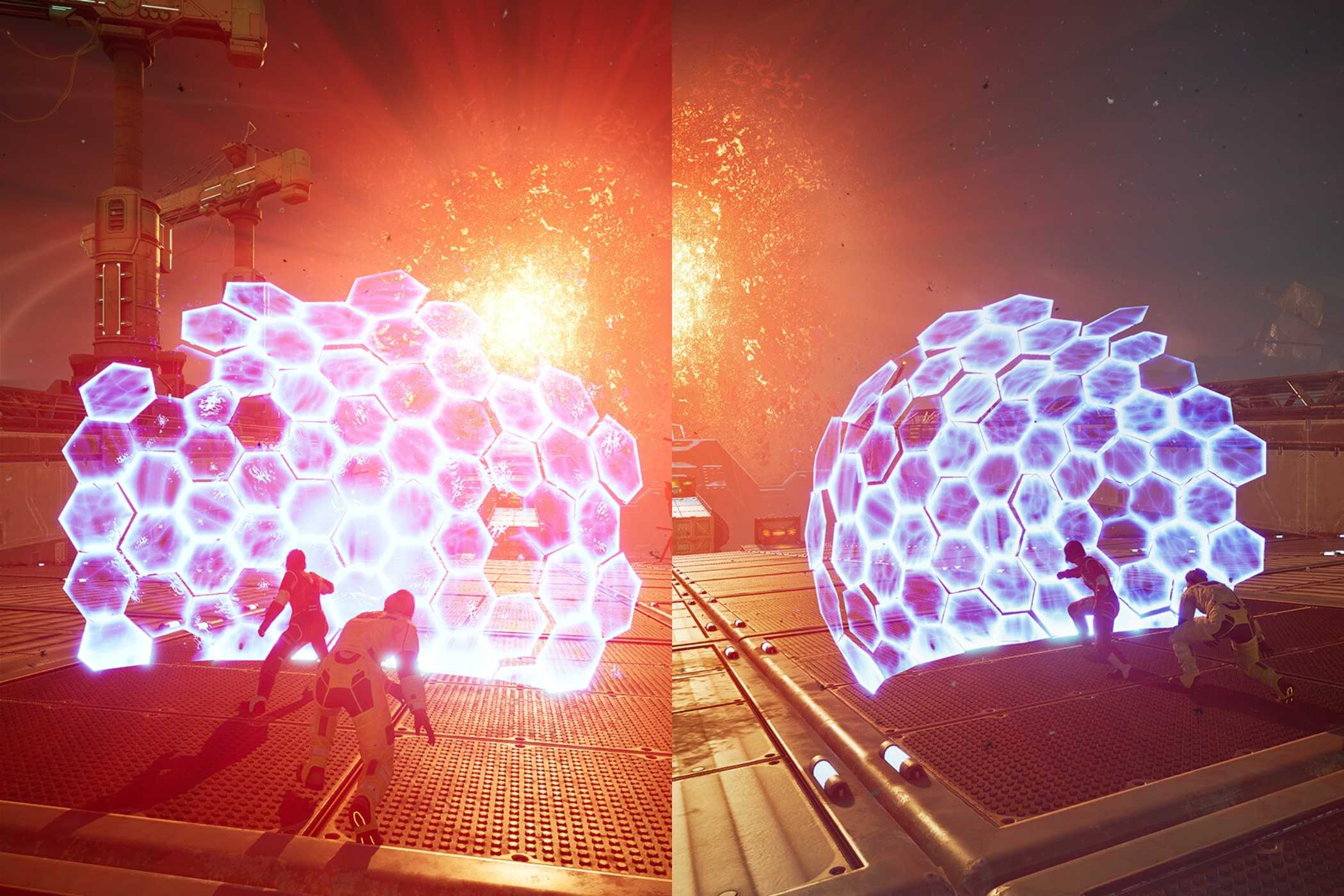 A screenshot from the game Split Fiction, showing two characters protecting themselves with a holographic shield.