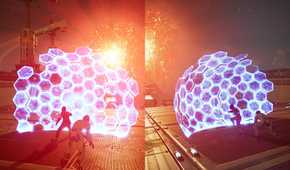 A screenshot from the game Split Fiction, showing two characters protecting themselves with a holographic shield.