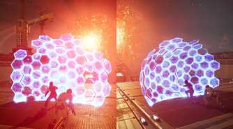 A screenshot from the game Split Fiction, showing two characters protecting themselves with a holographic shield.