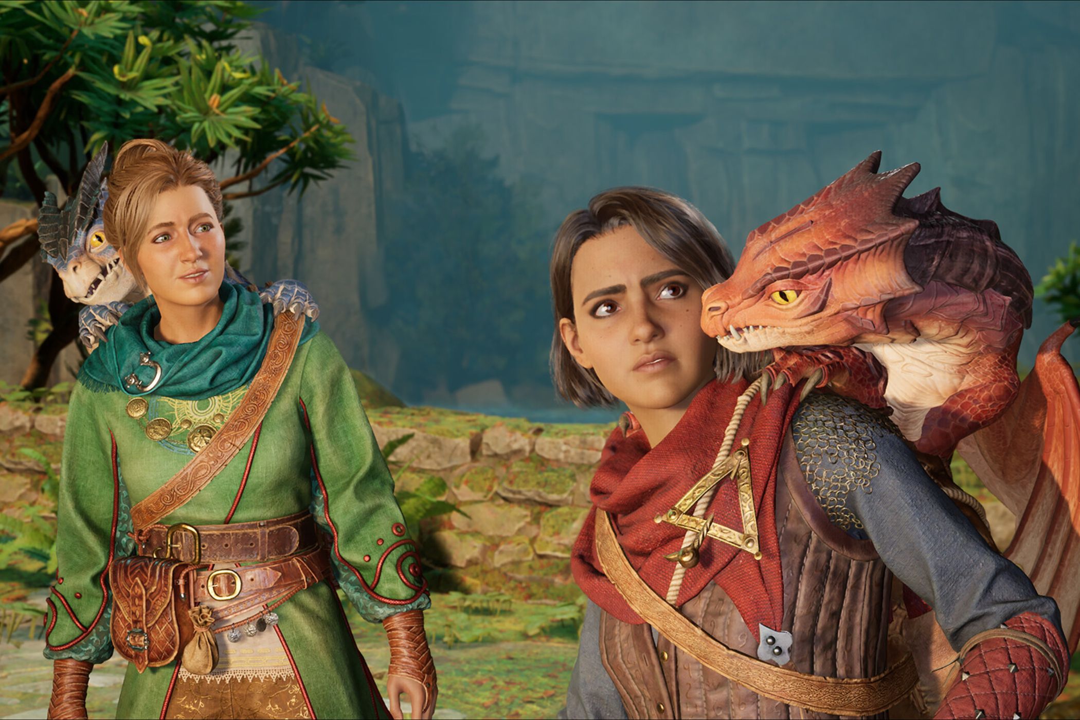 A screenshot from the game Split Fiction, showing two charaters, each with a baby dragon atop their shoulders.