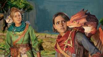 A screenshot from the game Split Fiction, showing two charaters, each with a baby dragon atop their shoulders.