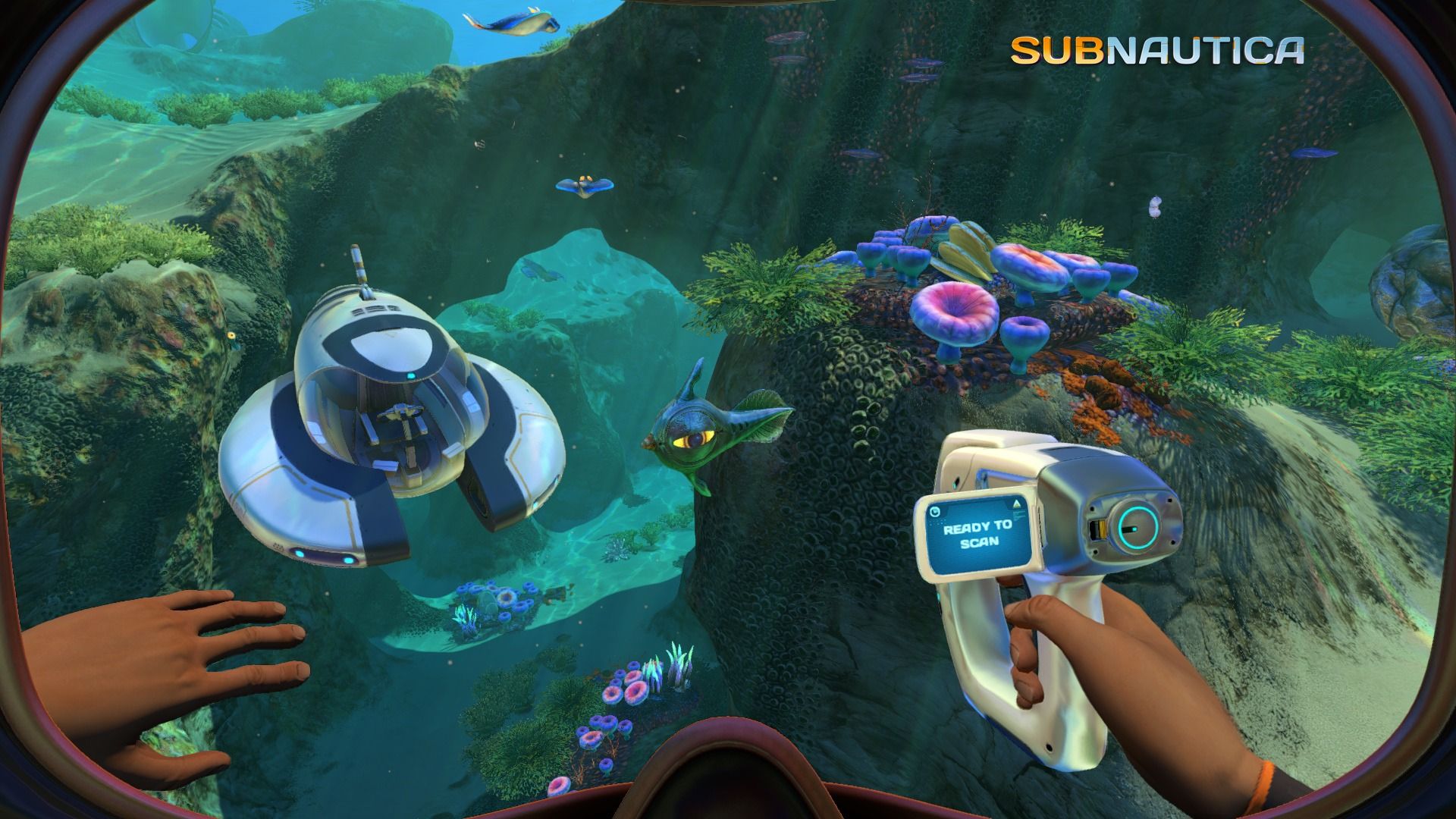 The player scanning something in Subnautica
