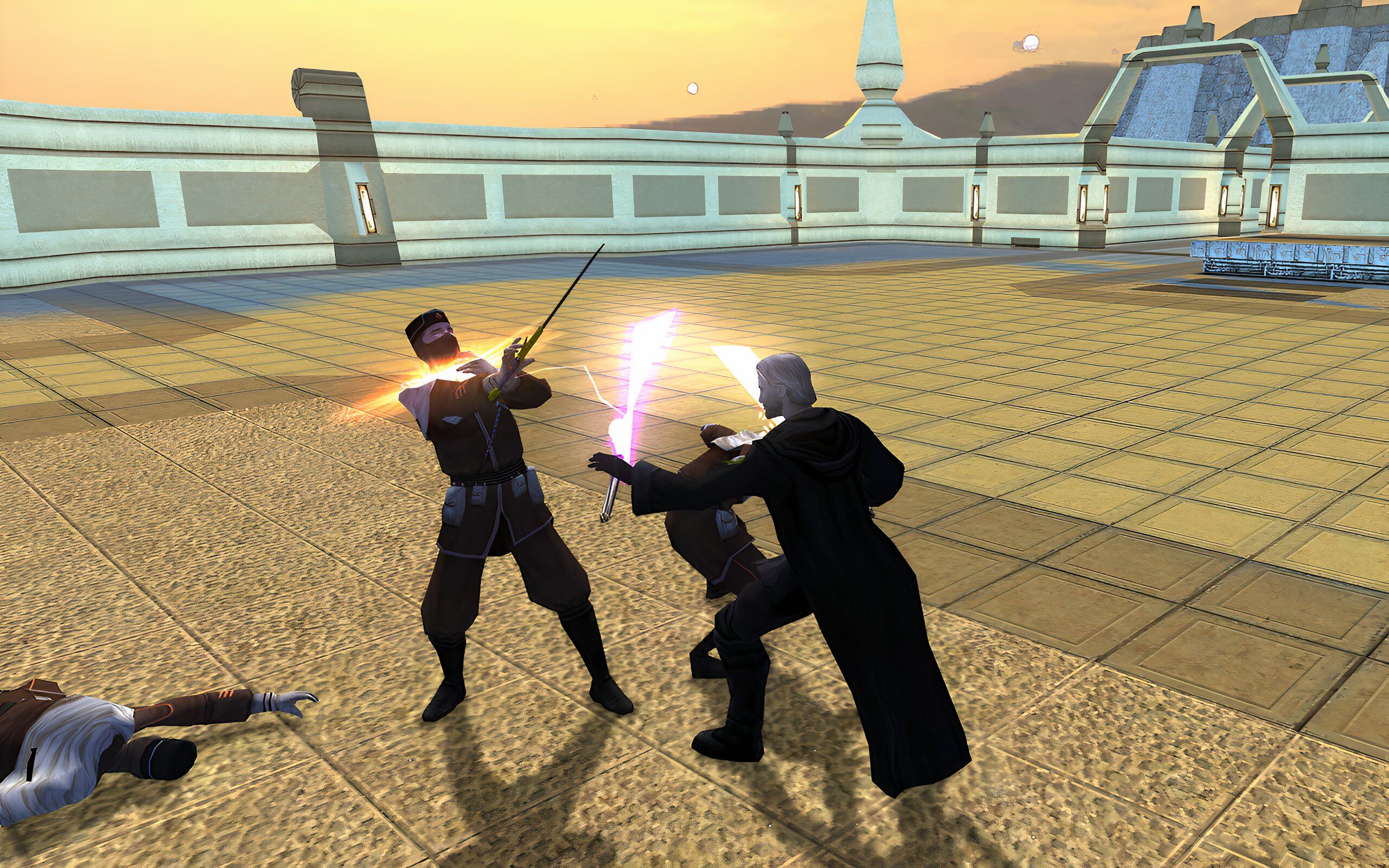 An image from the game Star Wars: Knights of the Old Republic II, showing a lightsaber battle.