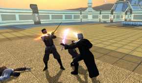 An image from the game Star Wars: Knights of the Old Republic II, showing a lightsaber battle.