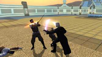 An image from the game Star Wars: Knights of the Old Republic II, showing a lightsaber battle.