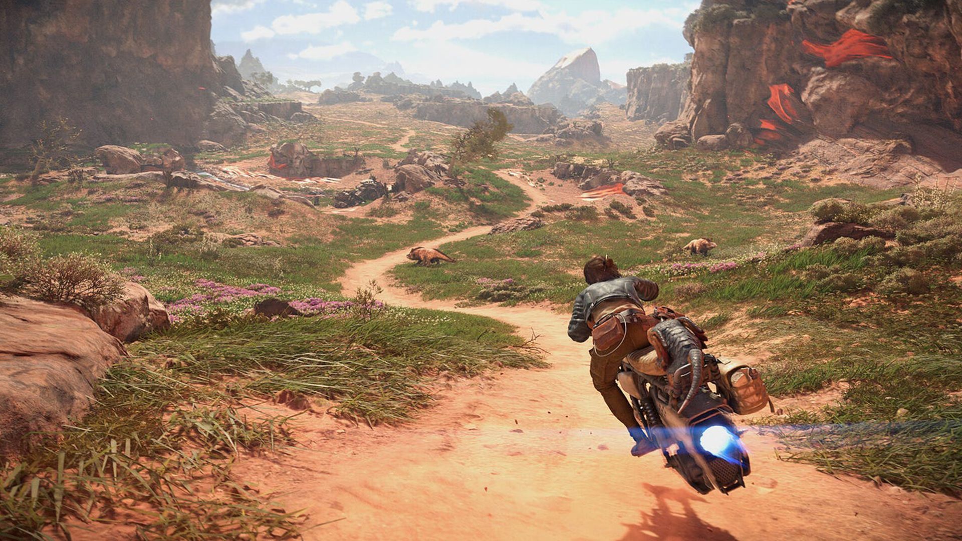 A screenshot of Kay Vess driving a speeder in Star Wars Outlaws