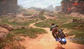 A screenshot of Kay Vess driving a speeder in Star Wars Outlaws