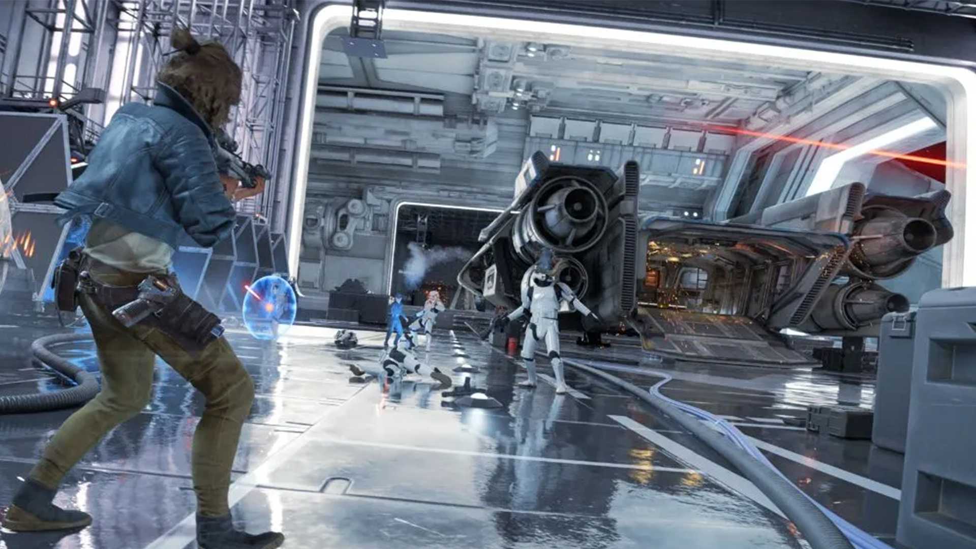 A screenshot of Kay Vess getting into a shootout in Star Wars Outlaws