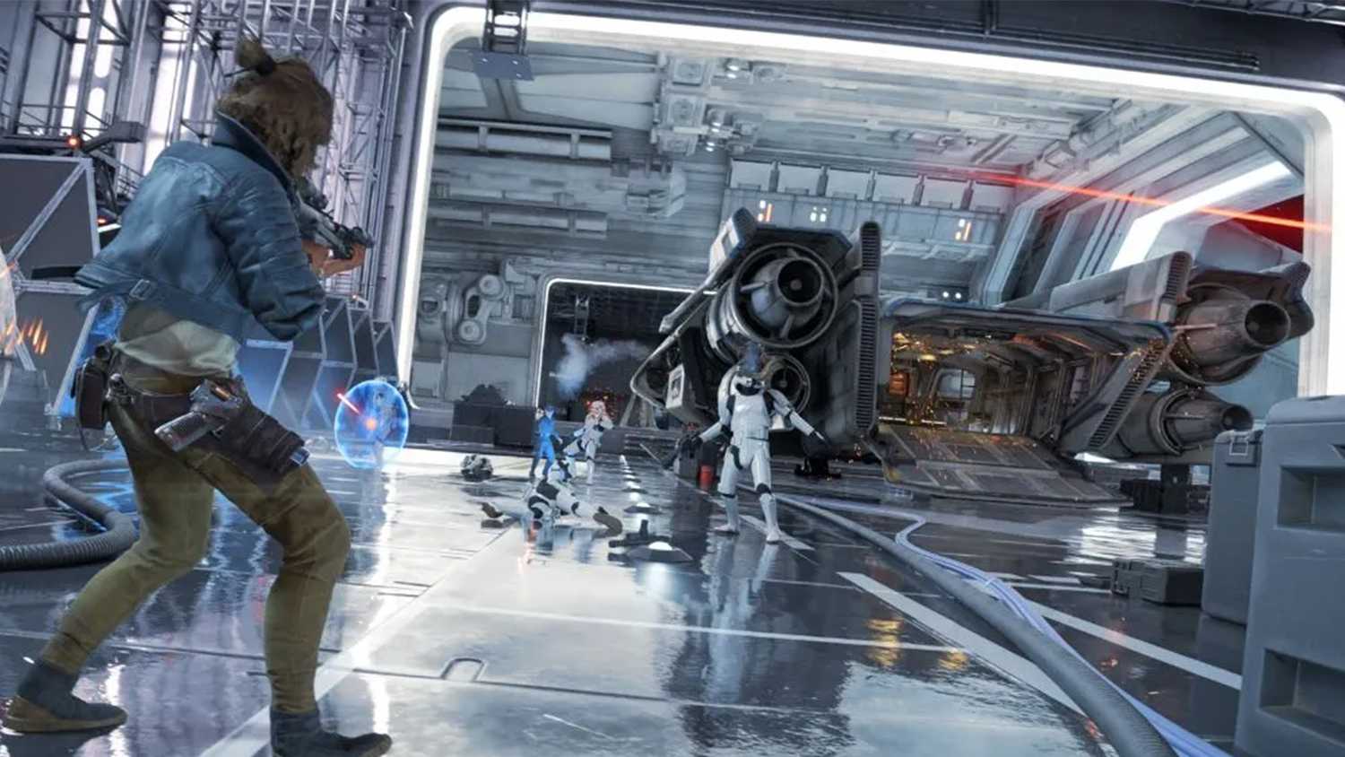 A screenshot of Kay Vess getting into a shootout in Star Wars Outlaws