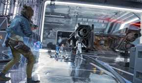 A screenshot of Kay Vess getting into a shootout in Star Wars Outlaws