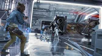 A screenshot of Kay Vess getting into a shootout in Star Wars Outlaws