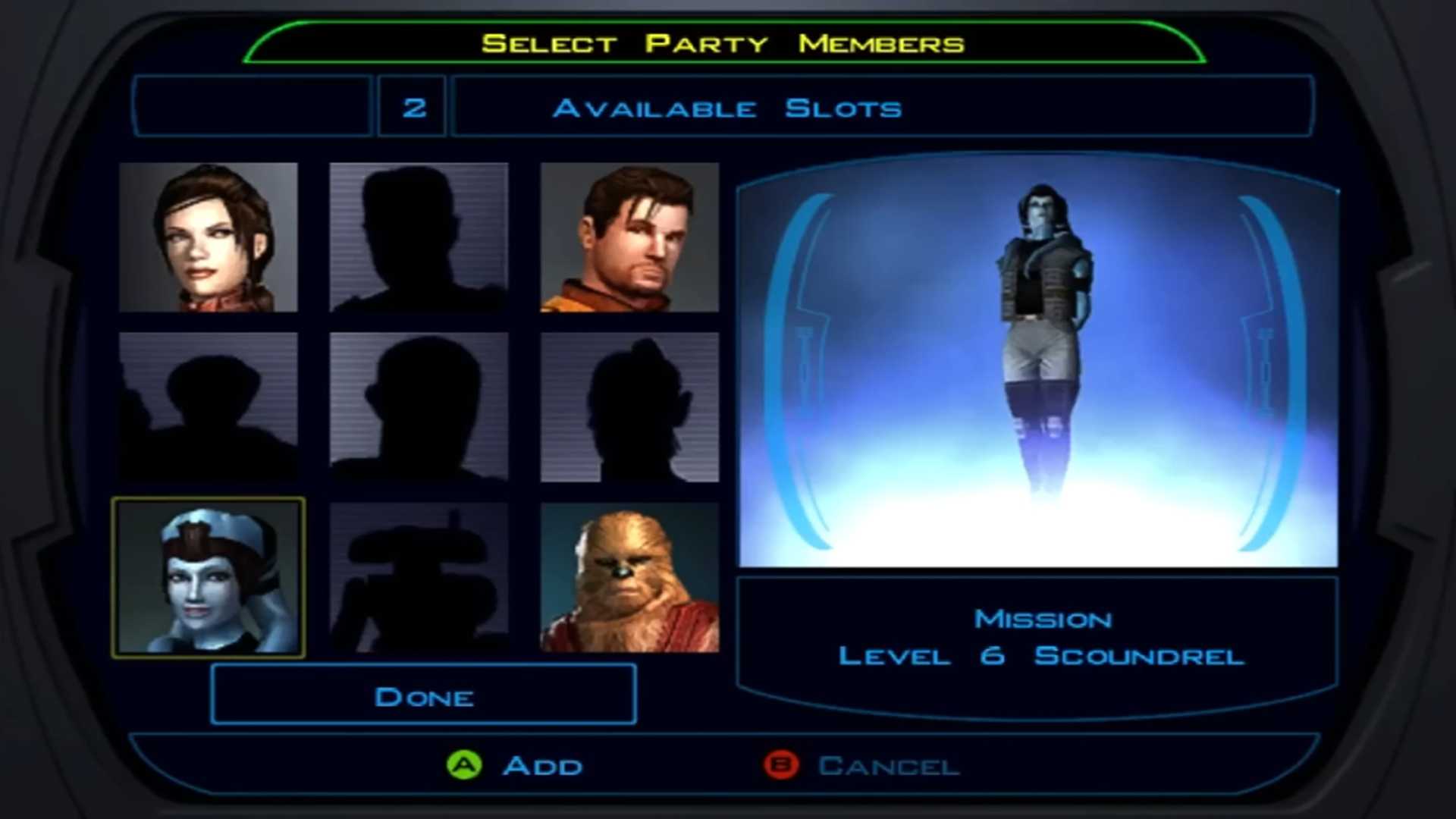 A screenshot of the party roster menu in Star Wars Knights of the Old Republic.