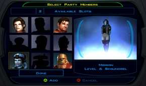 A screenshot of the party roster menu in Star Wars Knights of the Old Republic.