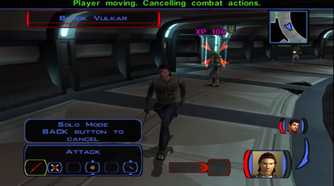 A screenshot of combat against Sith soldiers in Star Wars Knights of the Old Republic