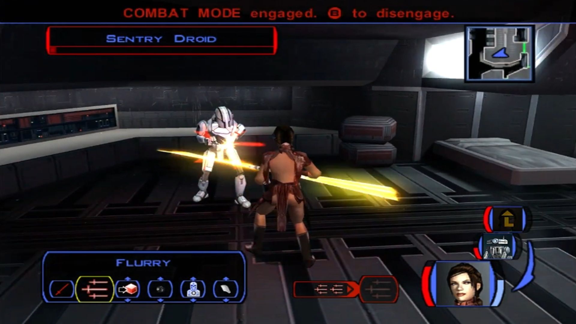 A screenshot of combat gameplay batting a sentry droid in Star Wars Knights of the Old Republic