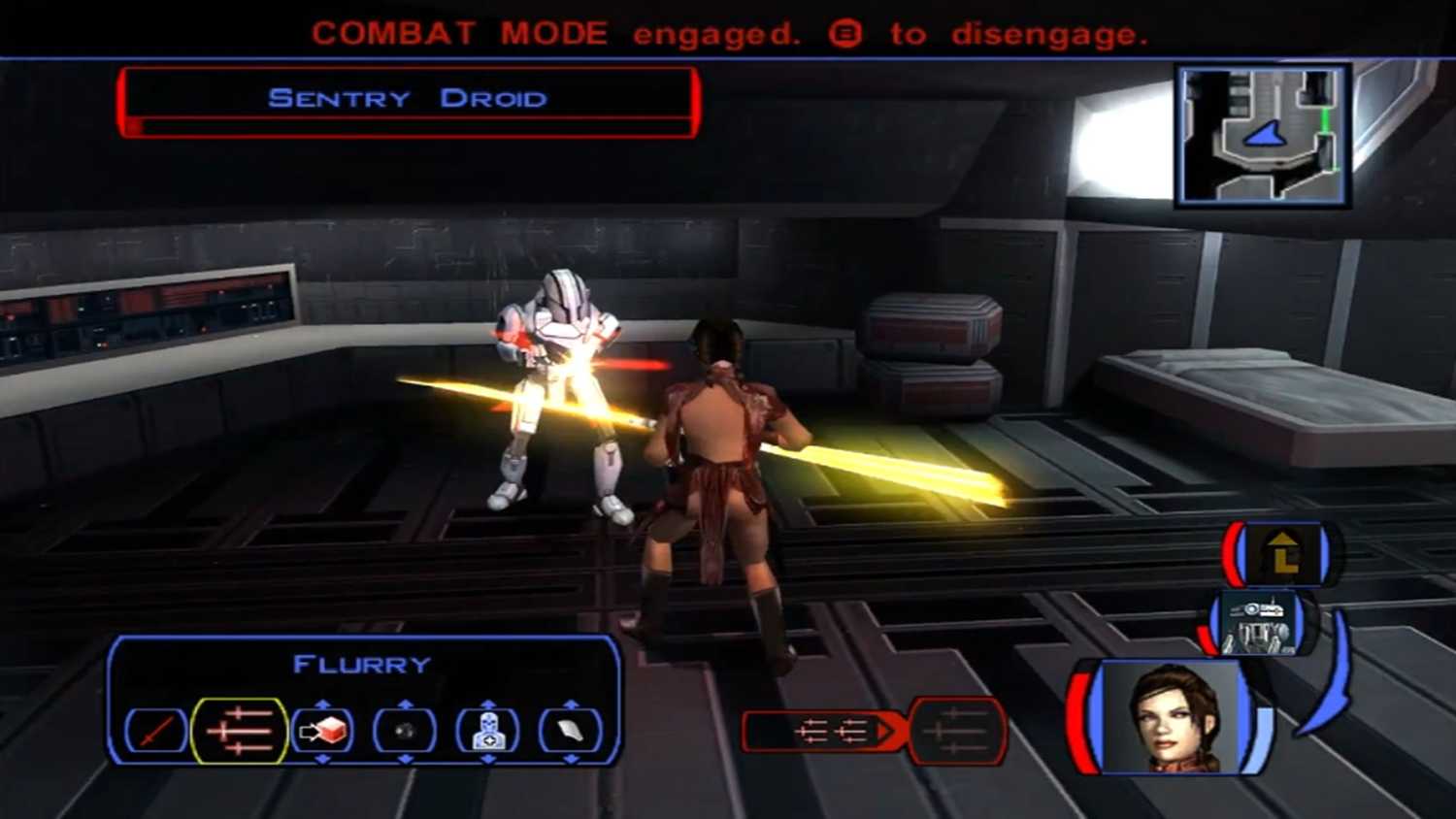 A screenshot of combat gameplay batting a sentry droid in Star Wars Knights of the Old Republic
