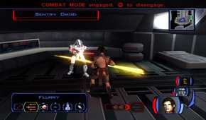 A screenshot of combat gameplay batting a sentry droid in Star Wars Knights of the Old Republic