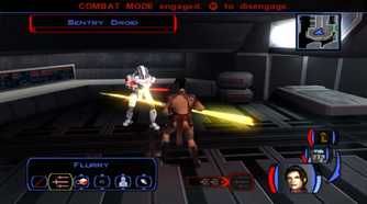 A screenshot of combat gameplay batting a sentry droid in Star Wars Knights of the Old Republic