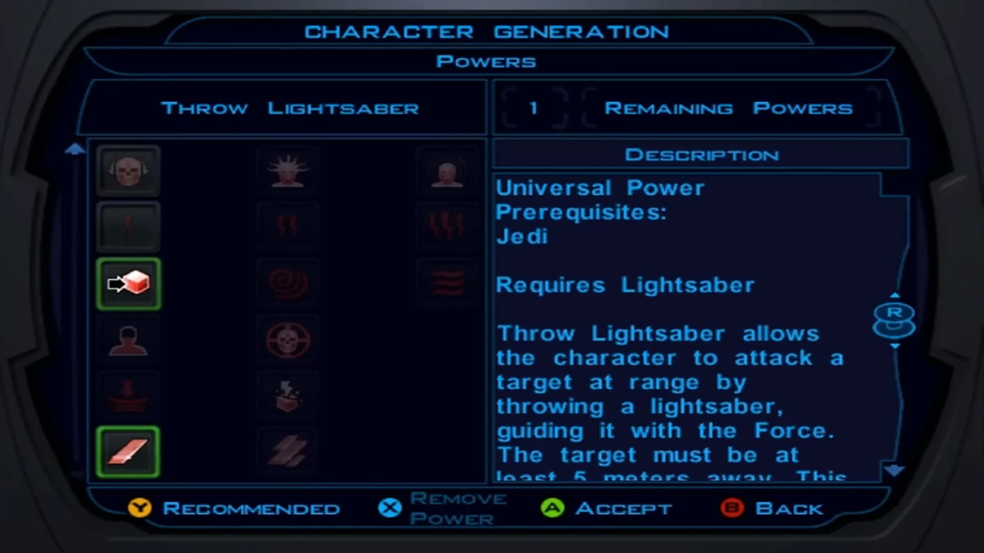 A screenshot of the abilities screen in Star Wars Knights of the Old Republic.