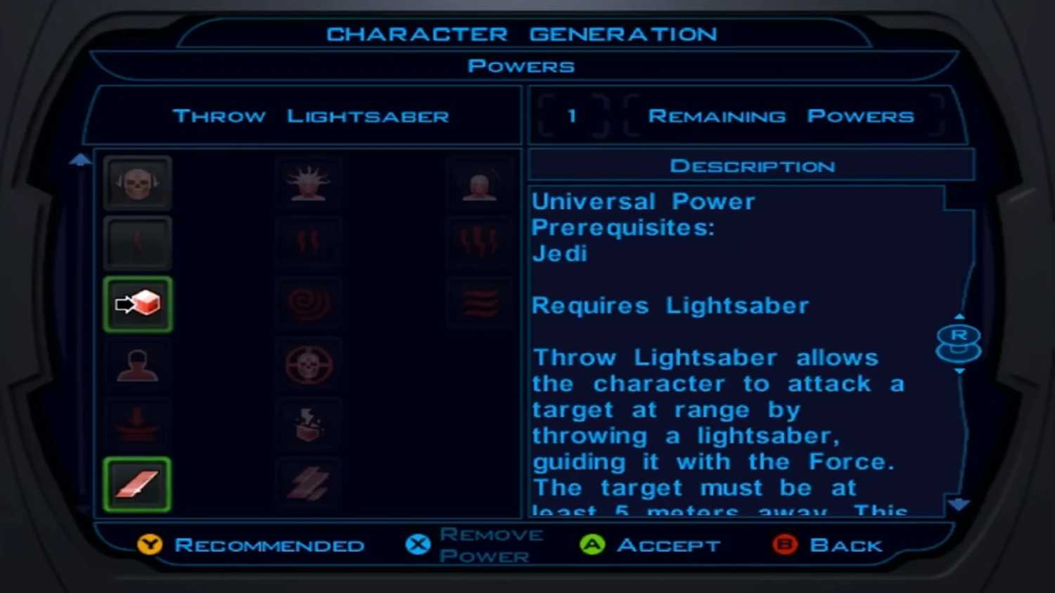 A screenshot of the abilities screen in Star Wars Knights of the Old Republic.