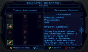 A screenshot of the abilities screen in Star Wars Knights of the Old Republic.