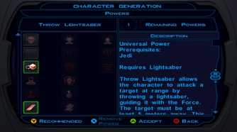 A screenshot of the abilities screen in Star Wars Knights of the Old Republic.