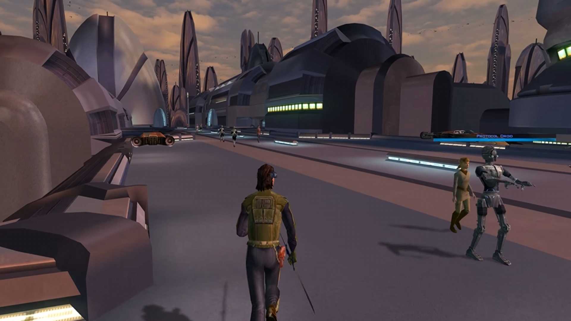 A screenshot of gameplay on the planet Taris in Star Wars Knights of the Old Republic.