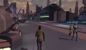 A screenshot of gameplay on the planet Taris in Star Wars Knights of the Old Republic.