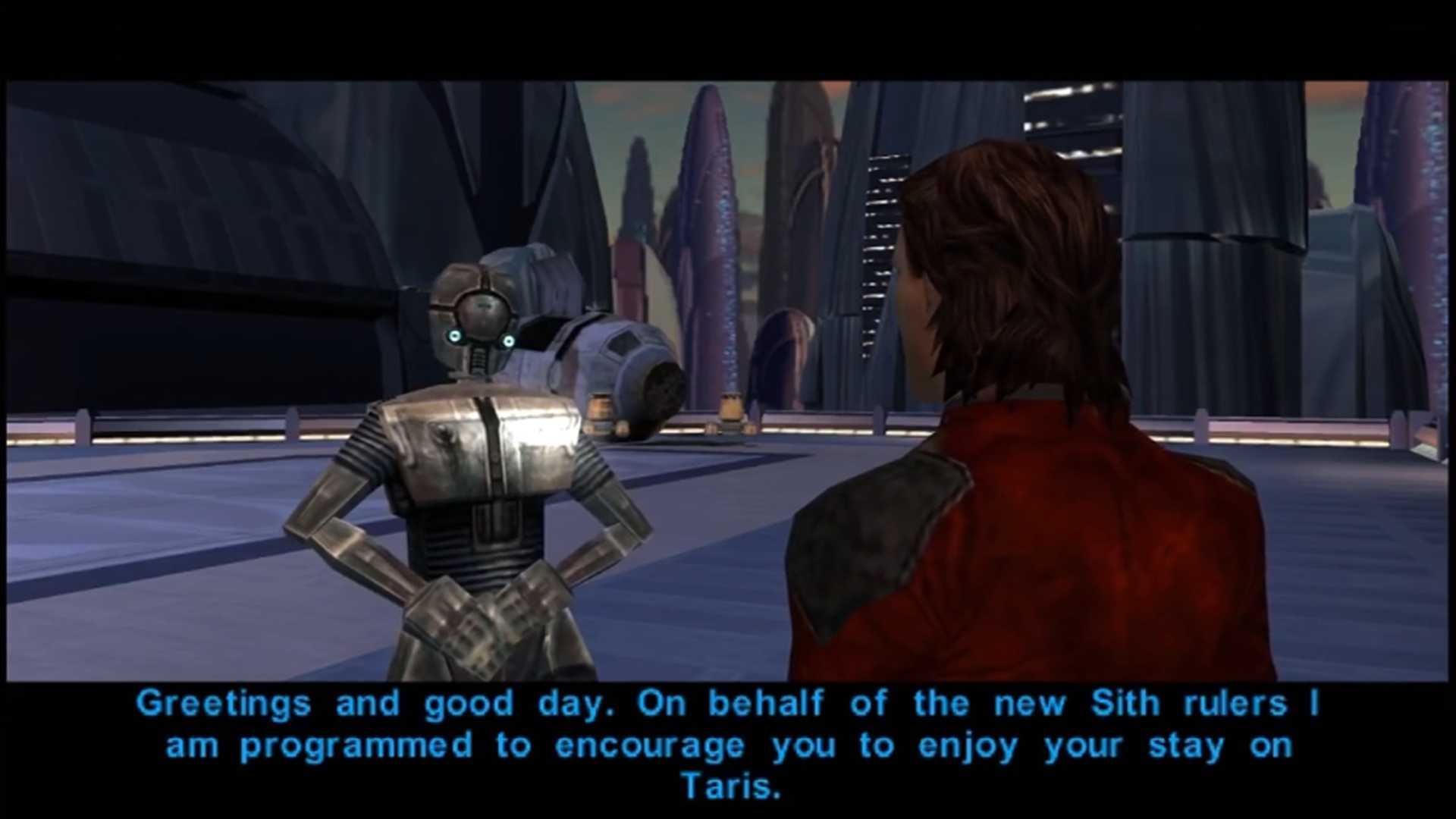 A screenshot of gameplay on the planet Taris in Star Wars Knights of the Old Republic.