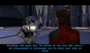 A screenshot of gameplay on the planet Taris in Star Wars Knights of the Old Republic.