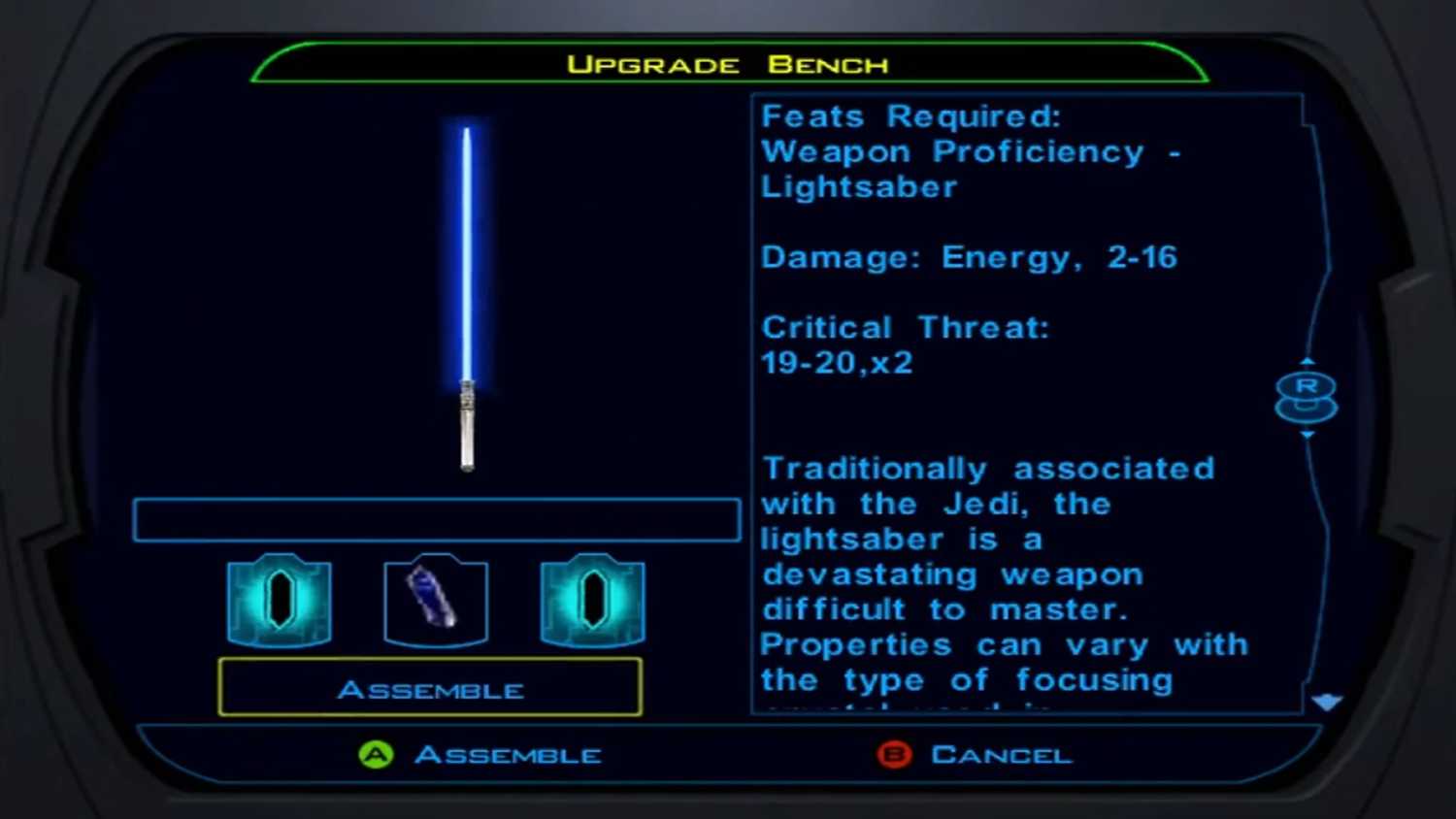 A screenshot of lightsaber equipment in Star Wars Knights of the Old Republic.