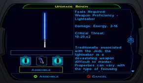 A screenshot of lightsaber equipment in Star Wars Knights of the Old Republic.