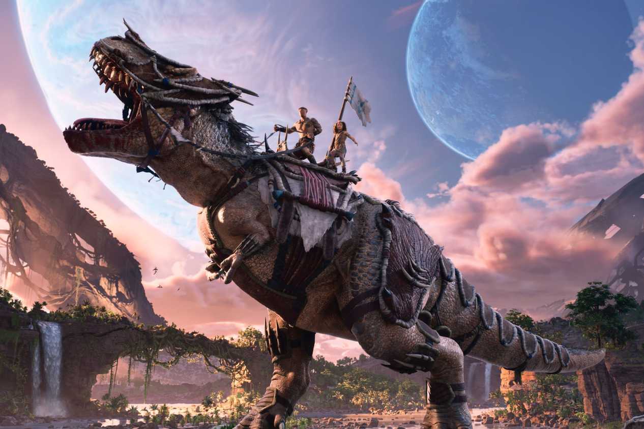 Ark 2 characters riding dinosaur with saddle